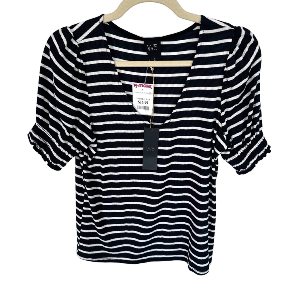 W5 Black & White Striped V-Neck Short Sleeve Top
